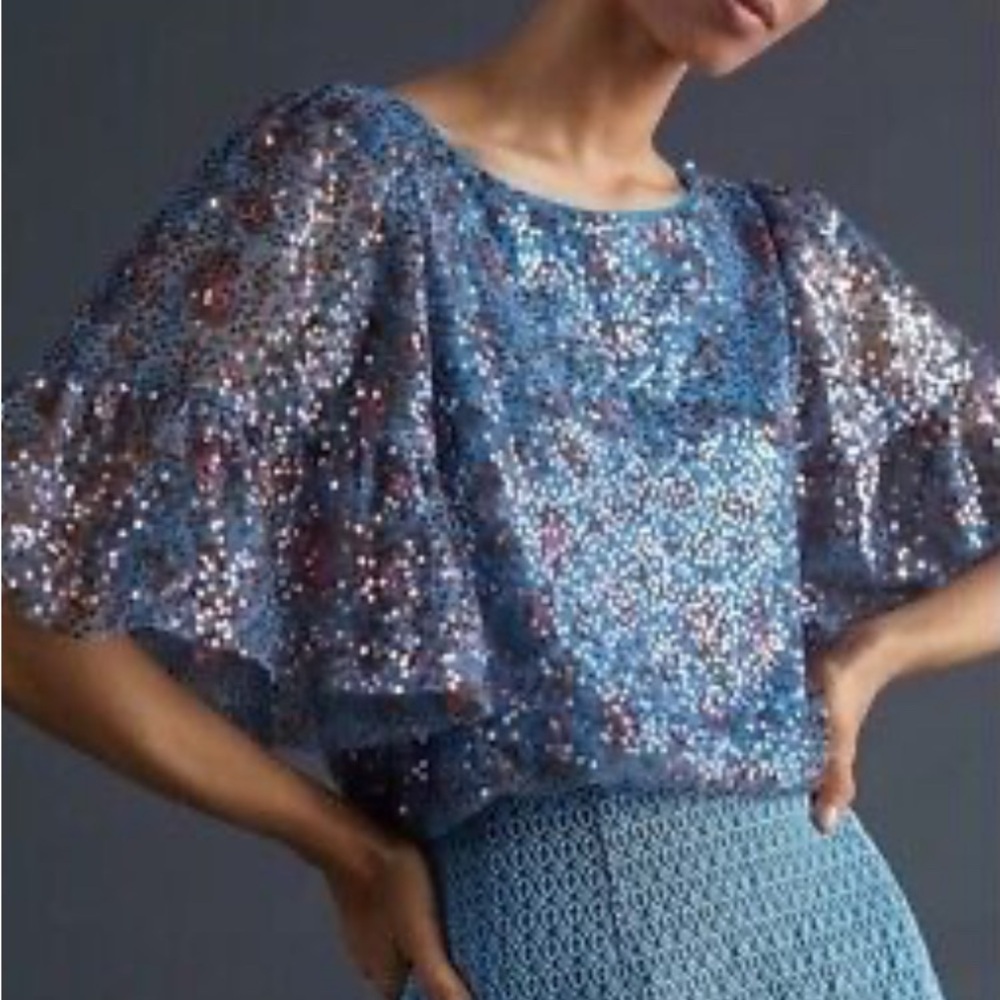 Anthropologie Maeve Sequin Embellished Blue Top